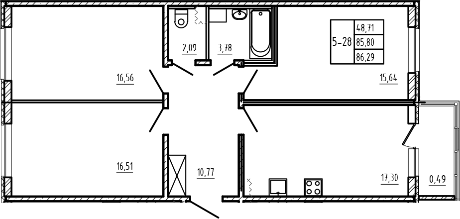 Планировка: 4Е-к.кв · 86,29 м²