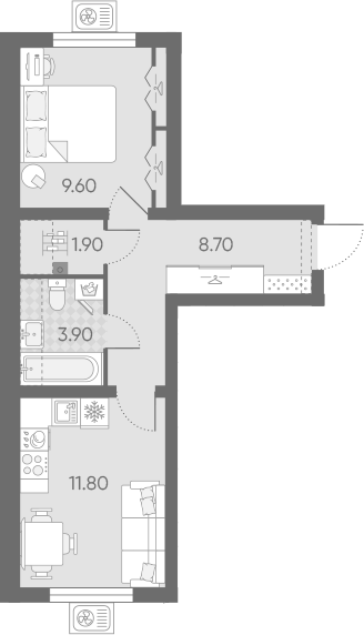 Планировка: 1 комната · 35,9 м²