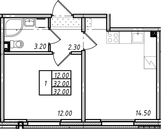 Планировка: 2Е-к.кв · 32,9 м²
