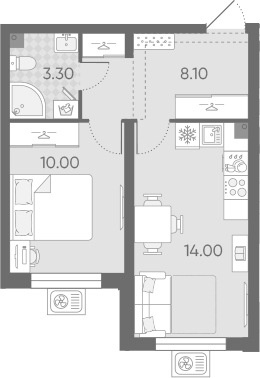 Планировка: 2Е-к.кв · 35,4 м²