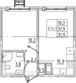 Планировка: 2Е-к.кв · 31,9 м²