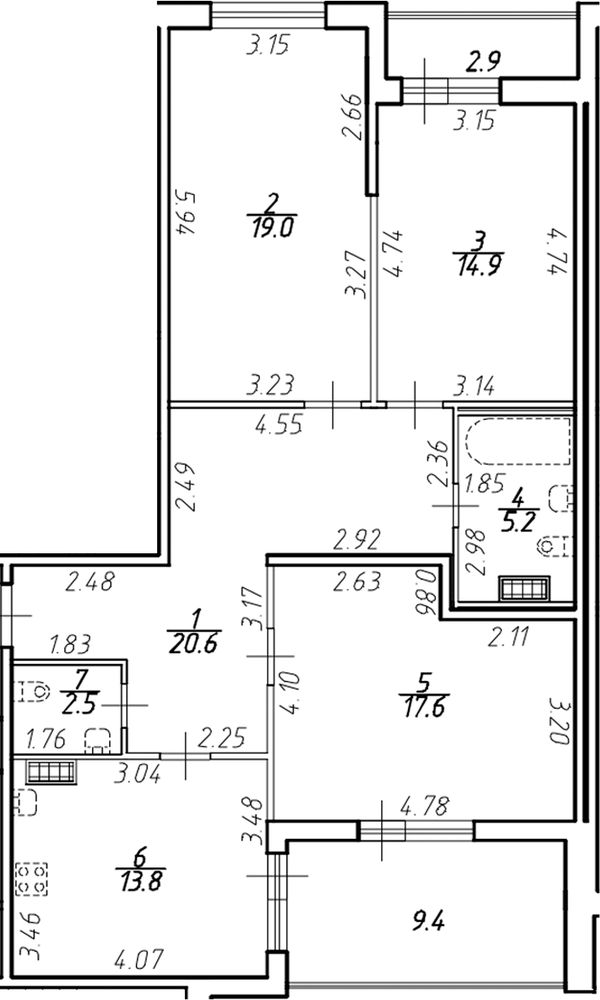 Планировка: 3 комнаты · 99,8 м²