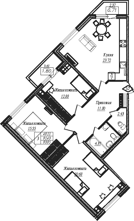 Планировка: 3 комнаты · 93,95 м²