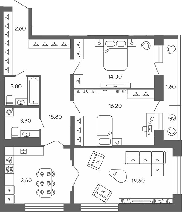 Планировка: 3 комнаты · 89,2 м²
