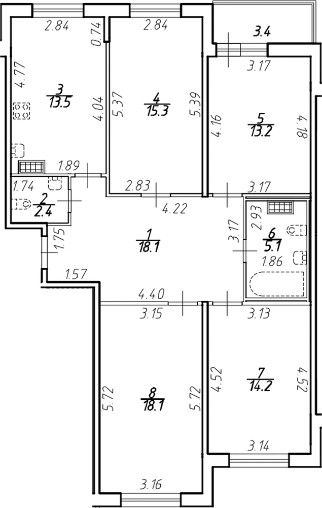 Планировка: 4+ комнаты · 101,05 м²