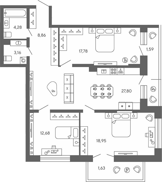 Планировка: 4Е-к.кв · 96,73 м²